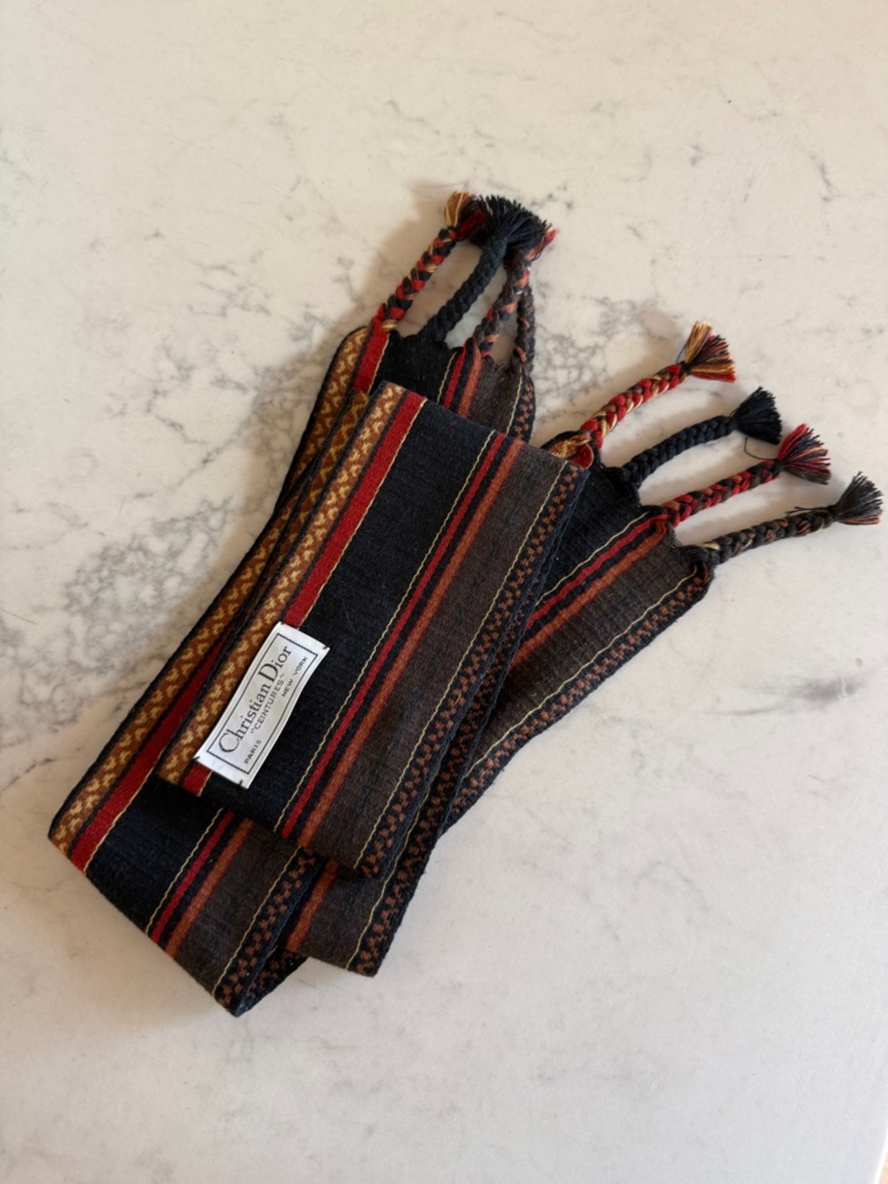 VTG Christian Dior 1980s Hand looked braided Fringe striped scarf sash belt